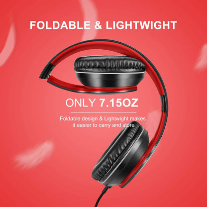 X6 Over-Ear Headphones with Microphone, Lightweight Foldable & Portable Stereo Bass Headphones with 1.45M No-Tangle,Wired Headphones for Smartphone Tablet MP3 / 4 (Black-Red)