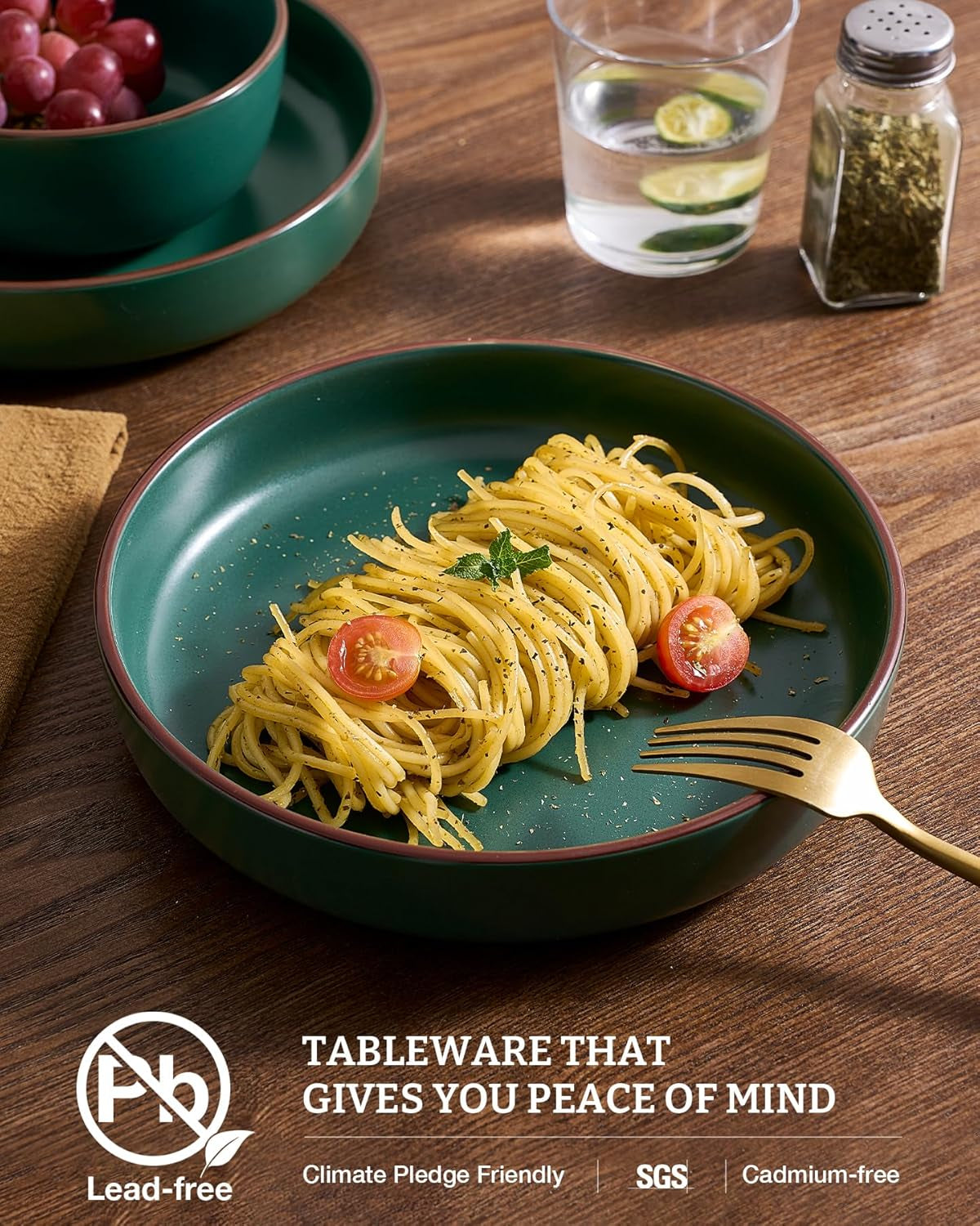 Mercury Pasta Bowls Set of 4, 33 Oz Large Salad Bowls, Stoneware Pasta Plates Bowls, Serving Bowls for Kitchen, Microwave & Dishwasher Safe, Dark Green