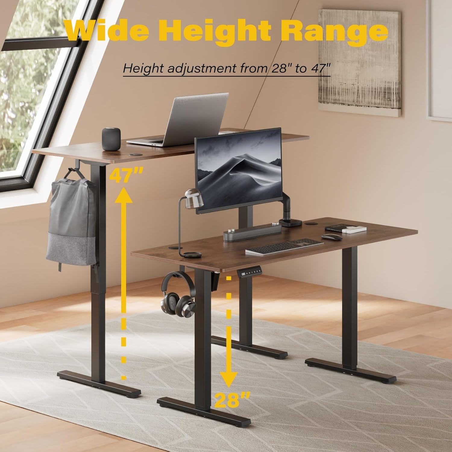 Height Adjustable Electric Standing Desk, 55 X 24 Inches Ergonomic Stand up Table, Sit Stand Home Office Desk with Splice Board, Black Frame/Rustic Brown Top(Rustic Brown, 55 Inches)