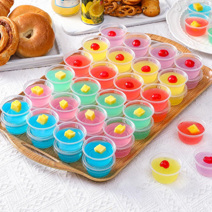 400 Set 2 Oz Jello Shot Cups with Lids, Stackable Food Safe Disposable Plastic Portion Condiment Dipping Sauce Cups, Small Containers for Salad Dressing