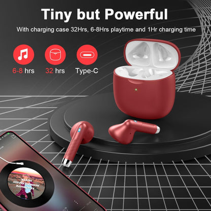 Wireless Earbuds, Bluetooth 5.3 Headphones in Ear with Noise Cancelling Mic, Bluetooth Earbuds Stereo Bass, IP7 Waterproof Sports Earphones, 32H Playtime USB C Charging Ear Buds Red for Android Ios