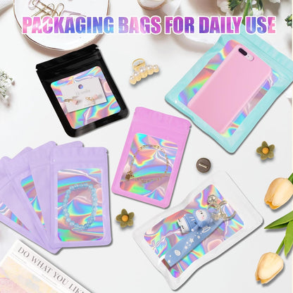 100 Pcs Mylar Bags, Resealable Holographic Bags, Sealable Packaging Bag for Small Business, Freshie Supplies, Candy Sample Jewelry Product Bag, Foil Pouch (3×3 Inch, Holographic)