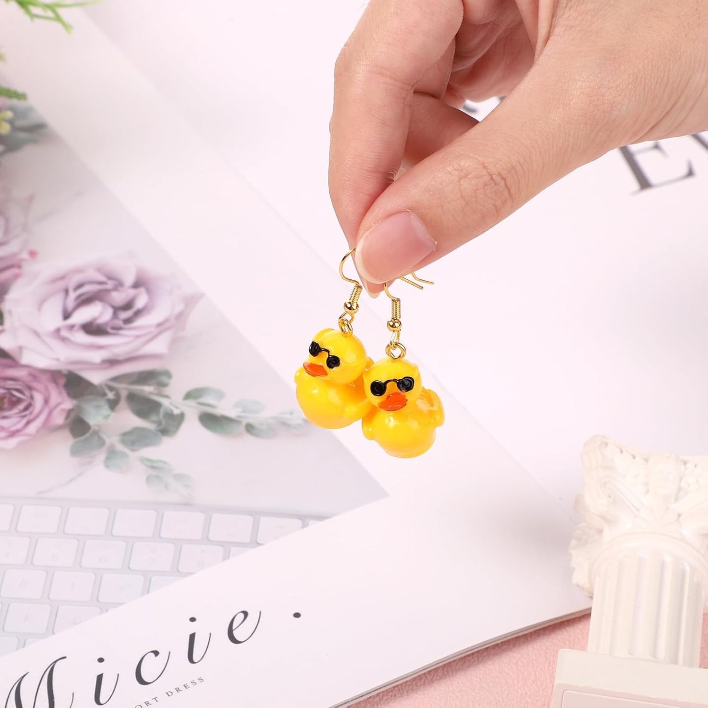 Yellow Duck Earrings - Cute Acrylic Duck Dangle Drop Earrings with Glasses for Women & Girls
