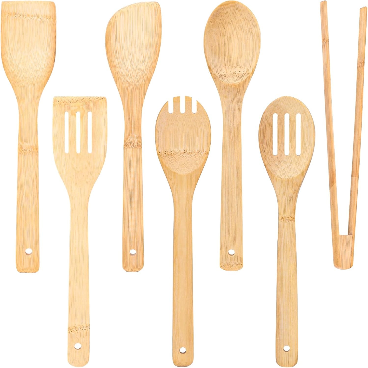 Wooden Utensils Set for Cooking, 7PCS Bamboo Kitchen Utensils Spatulas Spoons Tong for Stirring Serving Mixing Tossing Tasting