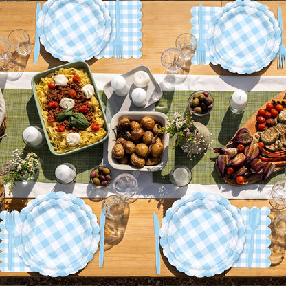 Blue Gingham Scalloped Plates and Napkins Party Supplies, Blue and White Checkered Plates Sets Serve 25 Guests, 175 Pcs Gingham Paper Plate for Birthday Dinner Wedding Baby Shower Party Decorations