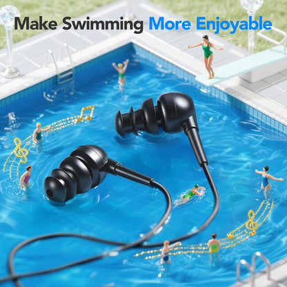 IPX8 Waterproof In-Ear Earphones, Coiled Cable Swimming Earbuds with Stereo Audio Extension Cable, Wired,Black