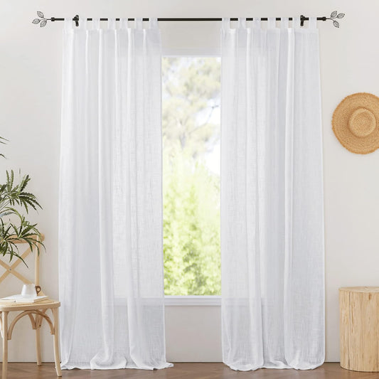 White Sheer Curtains for Living Room Privacy Semi Sheer Linen Curtains Light Glare Filtering for Bedroom Dining Office Window, 52 Inches Wide X 84 Inches Long, 2 Panels, White