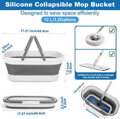 12L Collapsible Mop Bucket with Wheels, Folding Car Wash Bucket for Cleaning Supplies Mopping, Plastic Buckets with Handle Laundry Wash Basin Tub Water Pail for Fishing Camping RV Dorm Room Essentials