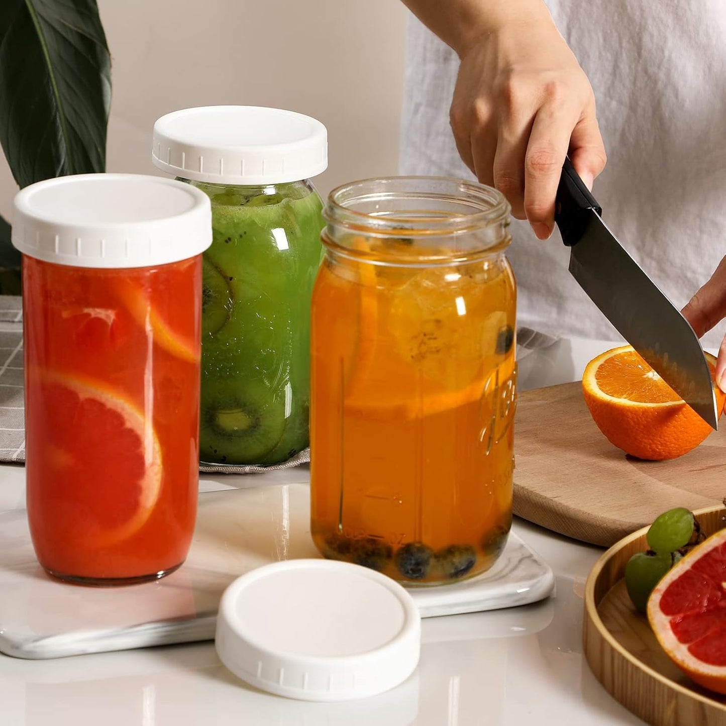 [10 Pack] WIDE Mouth Mason Jar Lids for Ball, Kerr and More - White Plastic Storage Caps for Mason/Canning Jars - Leak-Proof, Dishwasher Safe & Food Grade