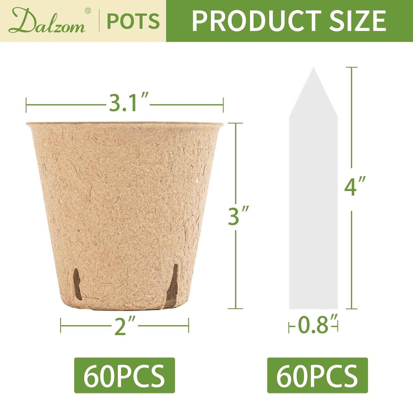® 60Pcs 3.1” Peat Pots with 60Pcs Plant Labels, Biodegradable Pots for Seedlings with Drainage Holes, Garden Plant Nursery Pots Seed Starting Trays