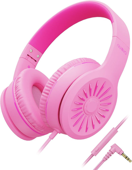 Wired Headphones with Microphone, K16 On-Ear Headphones for Kids with 3.5MM Jack, Foldable Stereo Bass Headphones for Teens School Amazon Kindle, Fire, Chromebook, Tablet(Pink Red)