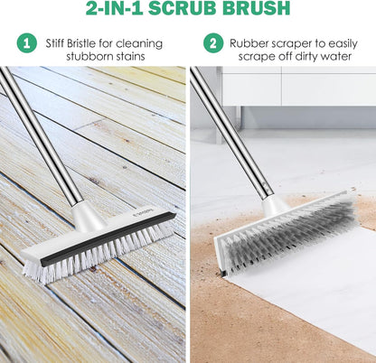 2 Pack Heavy-Duty Scrub Brush+Floor Scrub Brush with 51-Inch Long Adjustable Handle 2 in 1 Scrape Brush Stiff Bristle Floor Scrubber for Cleaning Shower Bathroom Garage Kitchen Wall Deck Tub