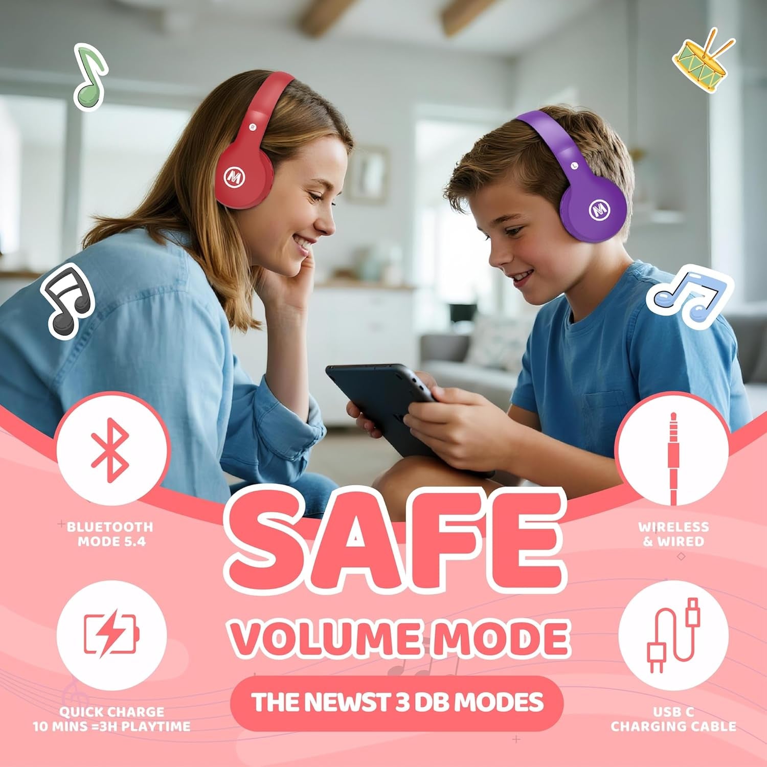 Headphones Kids Bluetooth 5.4 Wireless Play Time 68H Safe Volume Limit 85/94Db Over-Ear Foldable Headset,Fast Charging,With Aux Cord Built-In Mic for Toddler Child Pad Study Tablet Red