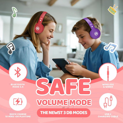Headphones Kids Bluetooth 5.4 Wireless Play Time 68H Safe Volume Limit 85/94Db Over-Ear Foldable Headset,Fast Charging,With Aux Cord Built-In Mic for Toddler Child Pad Study Tablet Red
