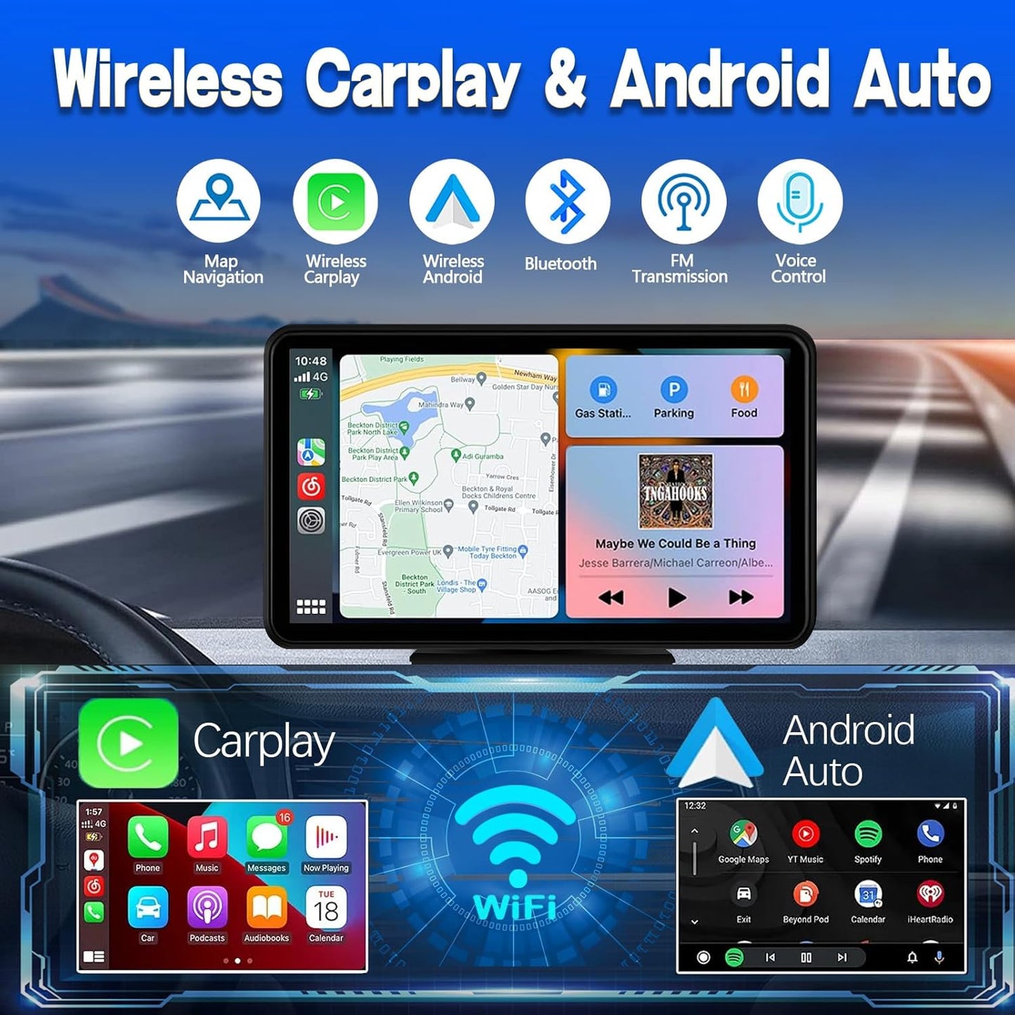 For Apple Carplay Wireless Portable 7" Touchscreen Car Stereo Voice Control with Apple Car Play & Android Auto Car Audio Backup Camera Bluetooth GPS Navigation/Mirror Link Fits All Cars