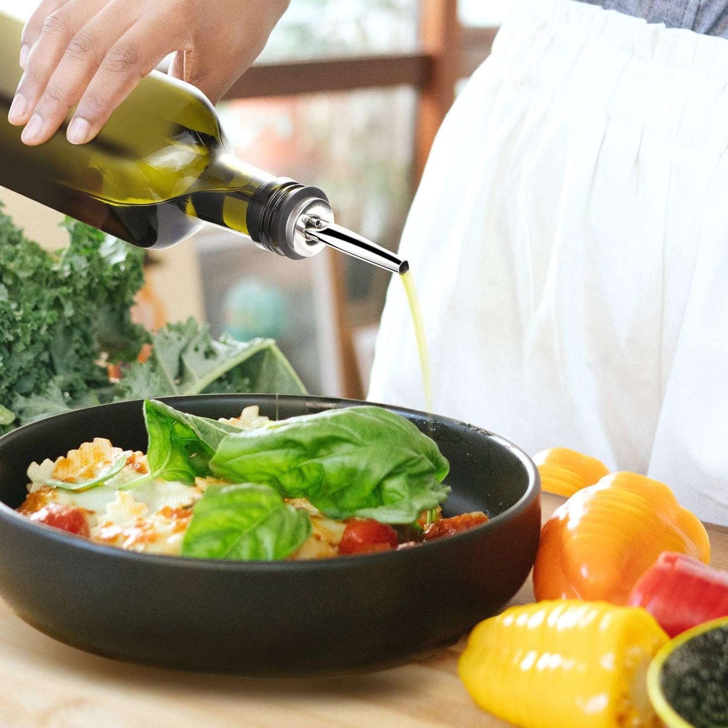 [2 PACK 17 Oz Glass Olive Oil Dispenser Bottle Set - 500Ml Dark Green Oil & Vinegar Cruet Bottle with Pourers, Funnel and Labels - Olive Oil Carafe Decanter for Kitchen