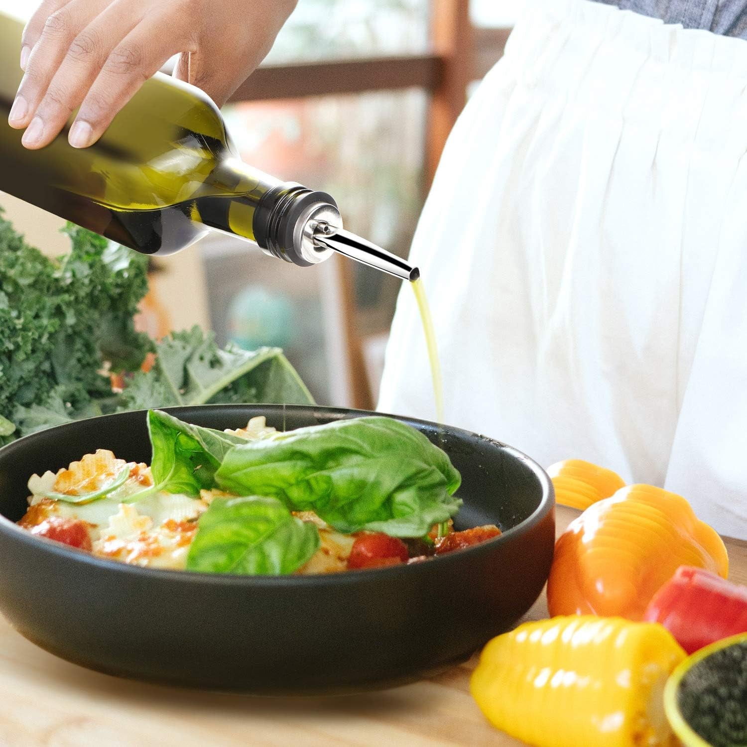 [2 PACK 17 Oz Glass Olive Oil Dispenser Bottle Set - 500Ml Dark Green Oil & Vinegar Cruet Bottle with Pourers, Funnel and Labels - Olive Oil Carafe Decanter for Kitchen