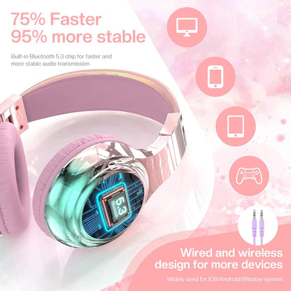 Kids Bluetooth 5.3 Headphones, Wireless Metallic Gradient Headset, Lightweight Foldable on Ear Headphones with Aux Cord, Fast Charging, Built-In Mic, for School/Travel/Tablet/Ipad
