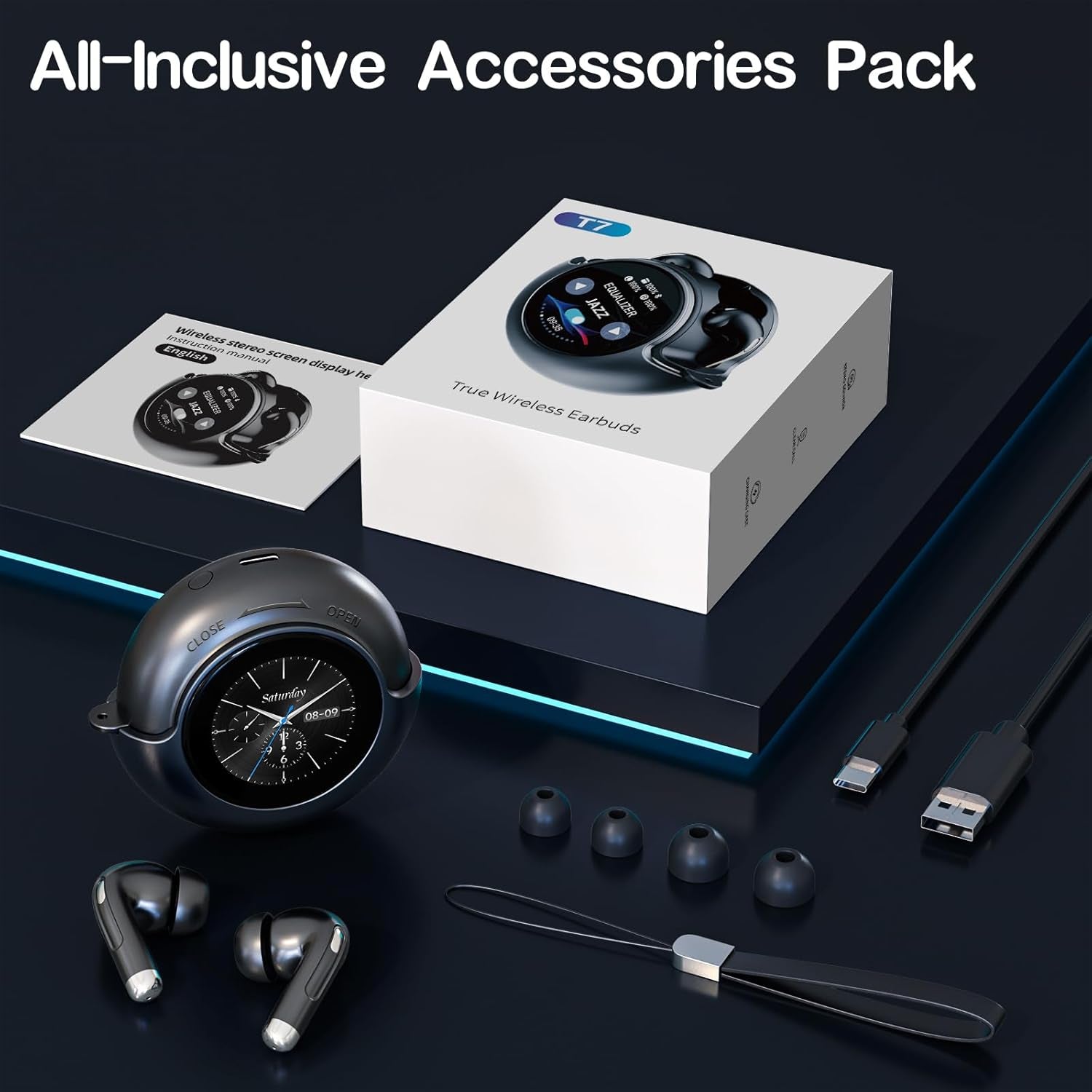 Wireless Earbuds Bluetooth Headphones, Bluetooth 5.4 Stereo Sound with LED Display, Active Noise Cancellation, IP7 Water Resistant In-Ear Earphones for Sporting, Workout, Running Black