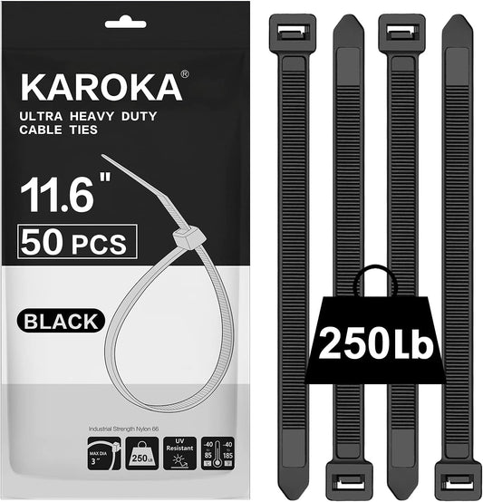Industrial Zip Ties Heavy Duty with 250 Lbs Tensile Strength, 11.6 Inch, Electrical Cable Ties Heavy Duty, 50 Pieces, Wide and Thick Zip Ties, by