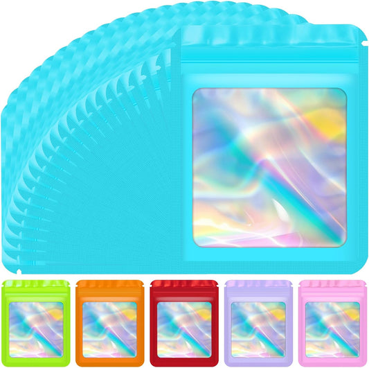 100 Pcs Mylar Bags, Resealable Holographic Bags, Sealable Packaging Bag for Small Business, Freshie Supplies, Candy Sample Jewelry Product Bag, Foil Pouch for Party Favor (3×3 Inch, Blue)