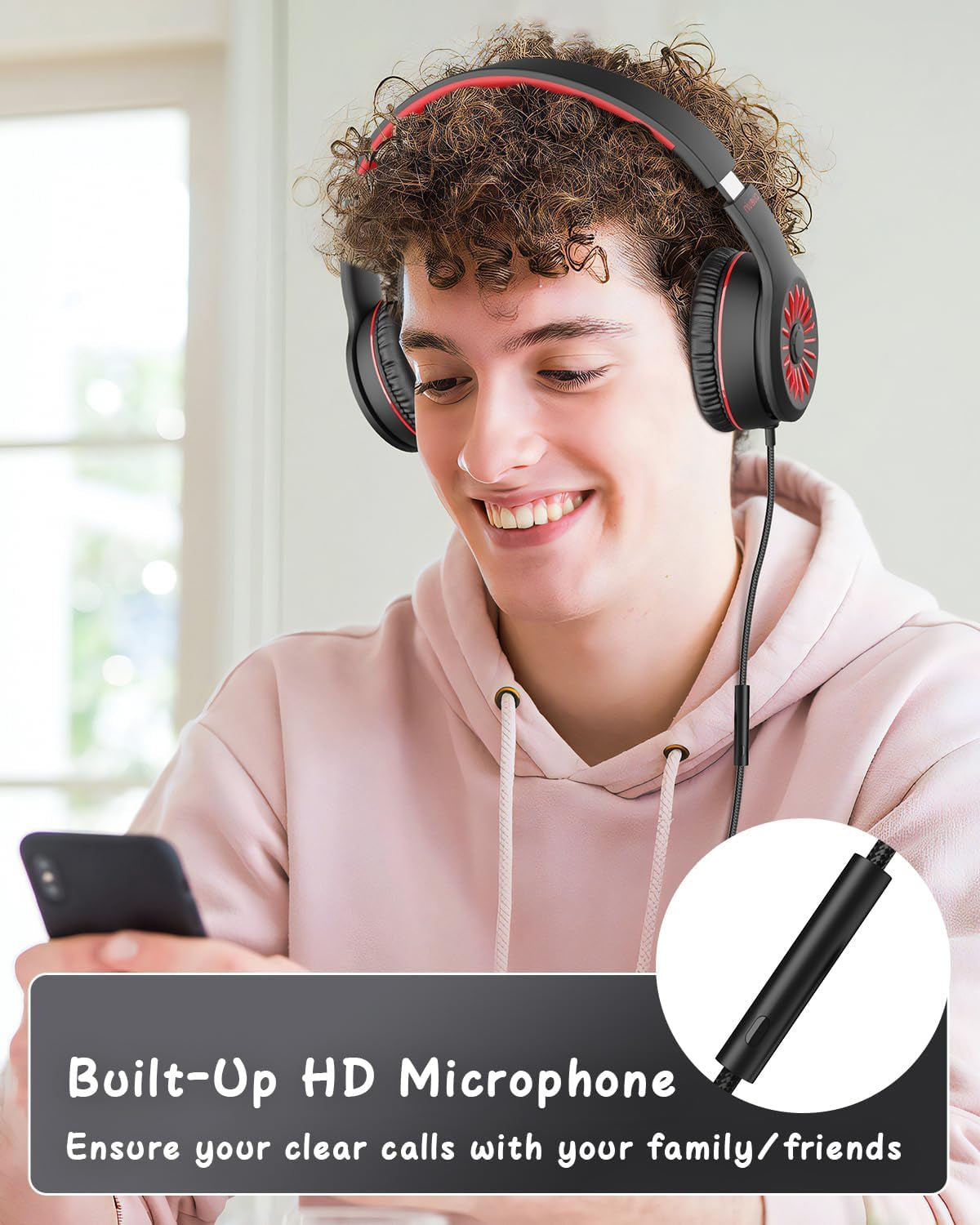 Wired Headphones with Microphone, K16 On-Ear Headphones for Kids with 3.5MM Jack, Foldable Stereo Bass Headset for Teens School Amazon Kindle, Chromebook, Tablet(Black Red)