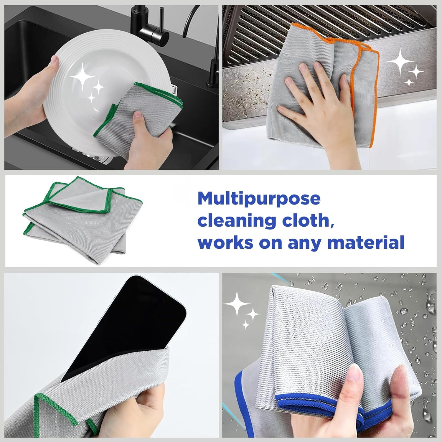 6 Pack Streak Free Miracle Glass Cleaning Cloth, 16 Inch X 16 Inch, Microfiber Lint Free Glass Polishing for Kitchen, Mirrors, Car and Glasses, Sliver-Multicolor