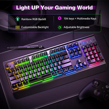 Gaming Keyboard, USB Wired Computer Keyboard, 15-Zone RGB Illumination, IP32 Water Resistance, 25 Anti-Ghosting Keys, All-Metal Panel (Whisper Quiet Gaming Switch)