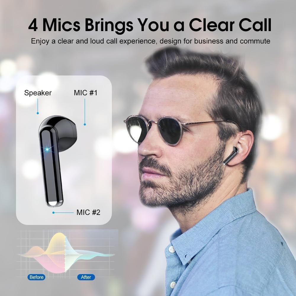 Wireless Earbuds, Bluetooth 5.3 Earphones with 4-Mics Clear Call, ENC Noise Cancelling Mic, Bluetooth Ear Buds Touch Control Stereo Sound, LED Display, Waterproof Running Headphones for Workout