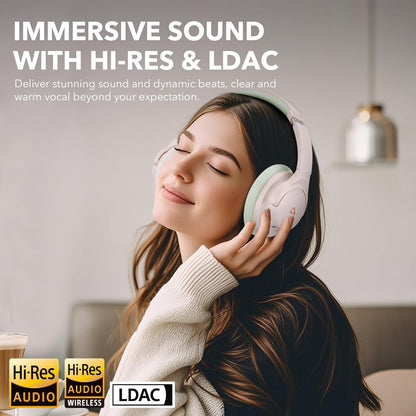 Y8+ Noise Cancelling Headphones Bluetooth, Wireless LDAC Hi-Res Audio, Custom EQ via App, 75H Playtime, Comfort Fit, over Ear Headphones Foldable for Airplane Travel Home Office Beige Green