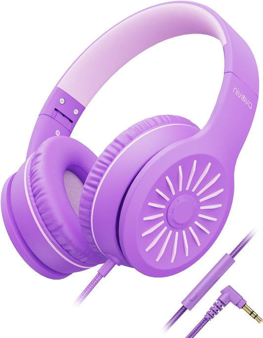 Wired Headphones with Microphone, K16 On-Ear Headphones for Kids with 3.5MM Jack, Foldable Stereo Bass Headphones for Teens School Amazon Kindle, Fire, Chromebook, Tablet(Purple Pink)