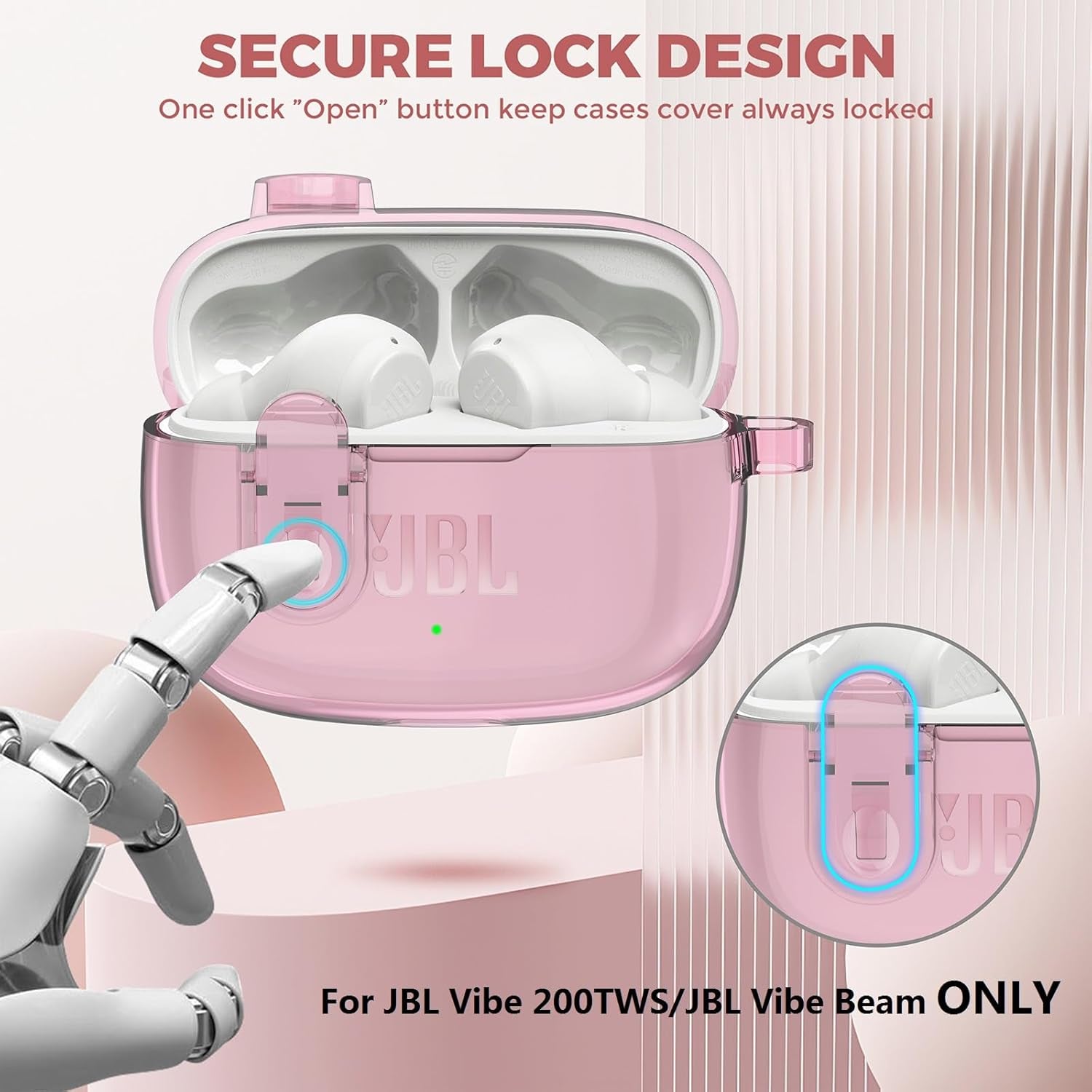 Compatible with JBL Vibe 200TWS/JBL Vibe Beam/Beam 2 Case Cover Clear Lock Clip with Cleaner Kit, Transparent TPU Protective Cover Men Women with Carabiner for JBL Vibe Beam 2 Charging Case - Pink