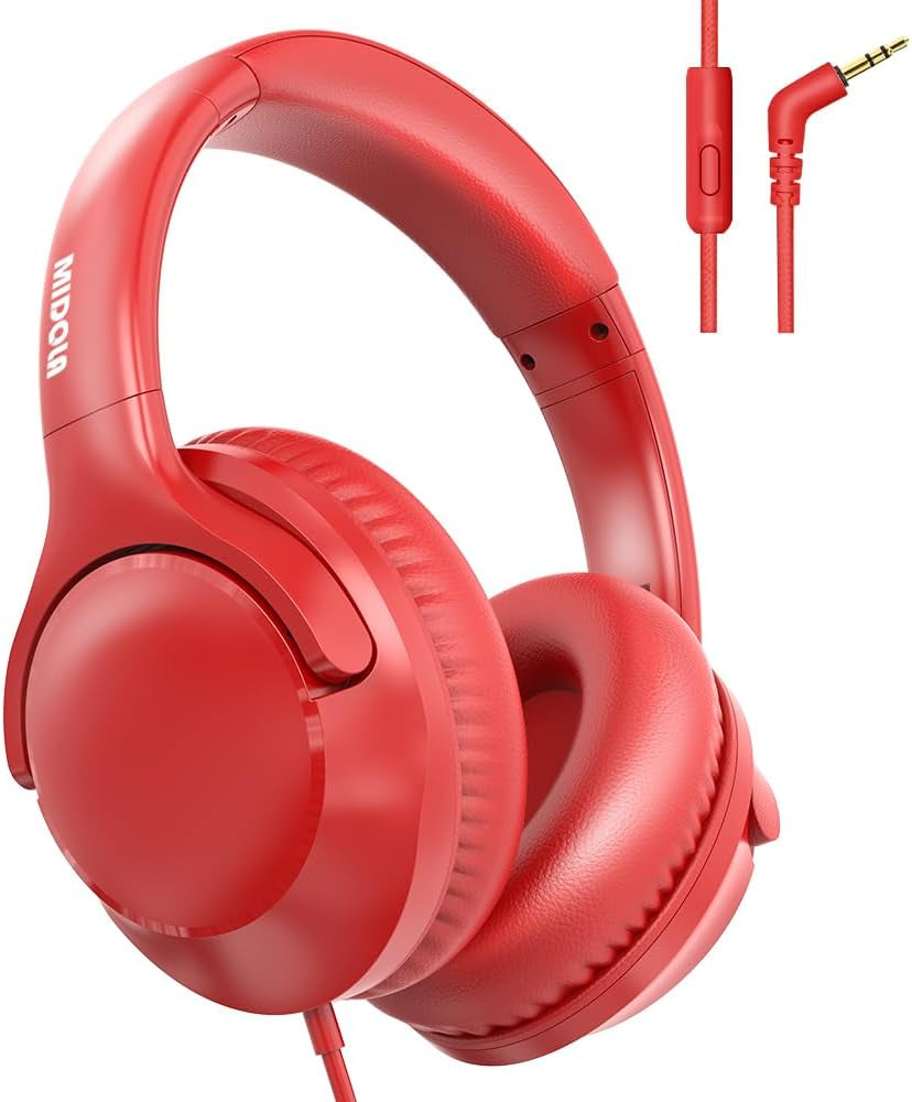 Wired Headphones Over-Ear Hi-Fi Sound with Microphone Adjustable Foldable, 1.5M Cord & 3.5Mm Jack, Lightweight Headset for Kids Adults PC Ipad Laptop Red