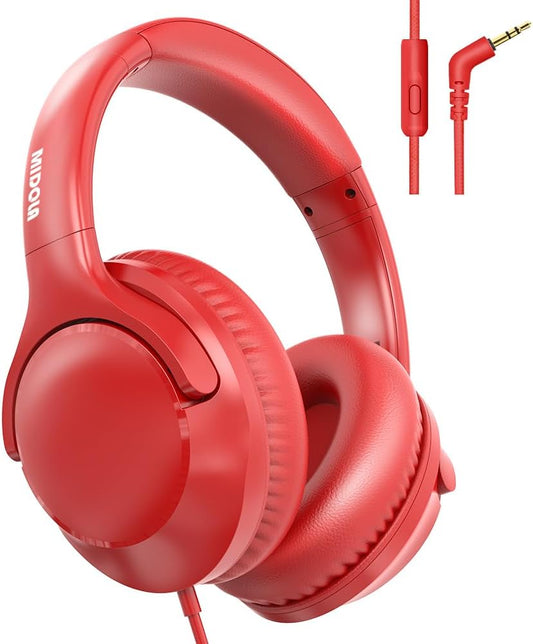 Wired Headphones Over-Ear Hi-Fi Sound with Microphone Adjustable Foldable, 1.5M Cord & 3.5Mm Jack, Lightweight Headset for Kids Adults PC Ipad Laptop Red