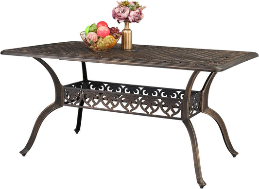 6-Person Rectangular Outdoor Dining Table, Cast Aluminum Patio Furniture with Umbrella Hole (59" L x 35.4" W x 28.5" H)
