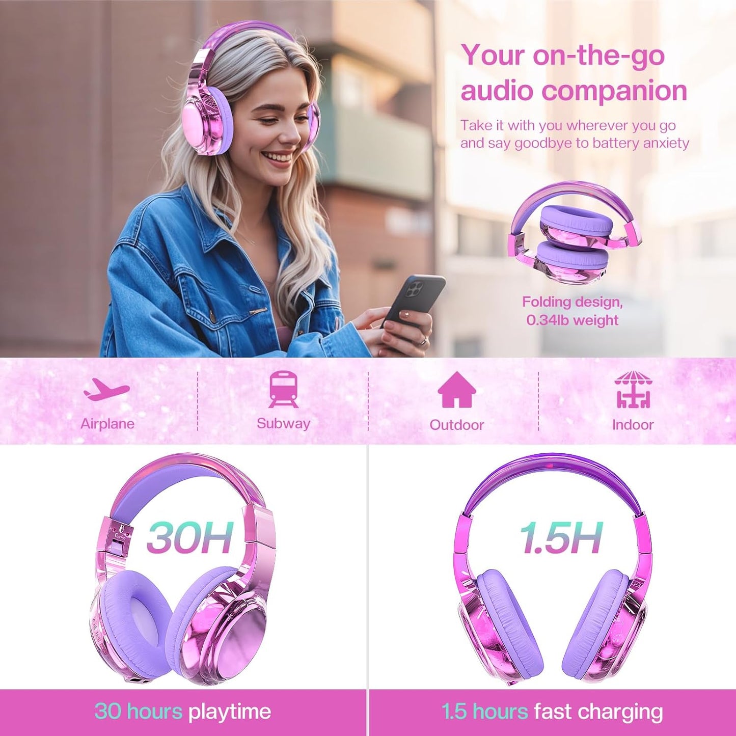 Kids Bluetooth 5.3 Headphones, Wireless Metallic Gradient Headset, Lightweight Foldable on Ear Headphones with Aux Cord, Fast Charging, Built-In Mic, for School/Travel/Tablet/Ipad