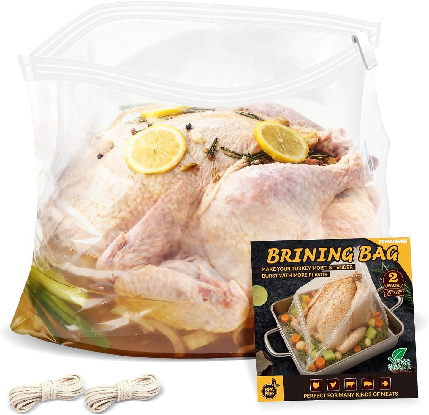 Turkey Brine Bags, 2 Pack Extra Large 26"X22" Brining Bags for Turkey, Holds up 35Lb and Above, Double Zip-Lock Brine Bag Kit with 2 Strings & Clips, Thanksgiving, Christmas Essentials