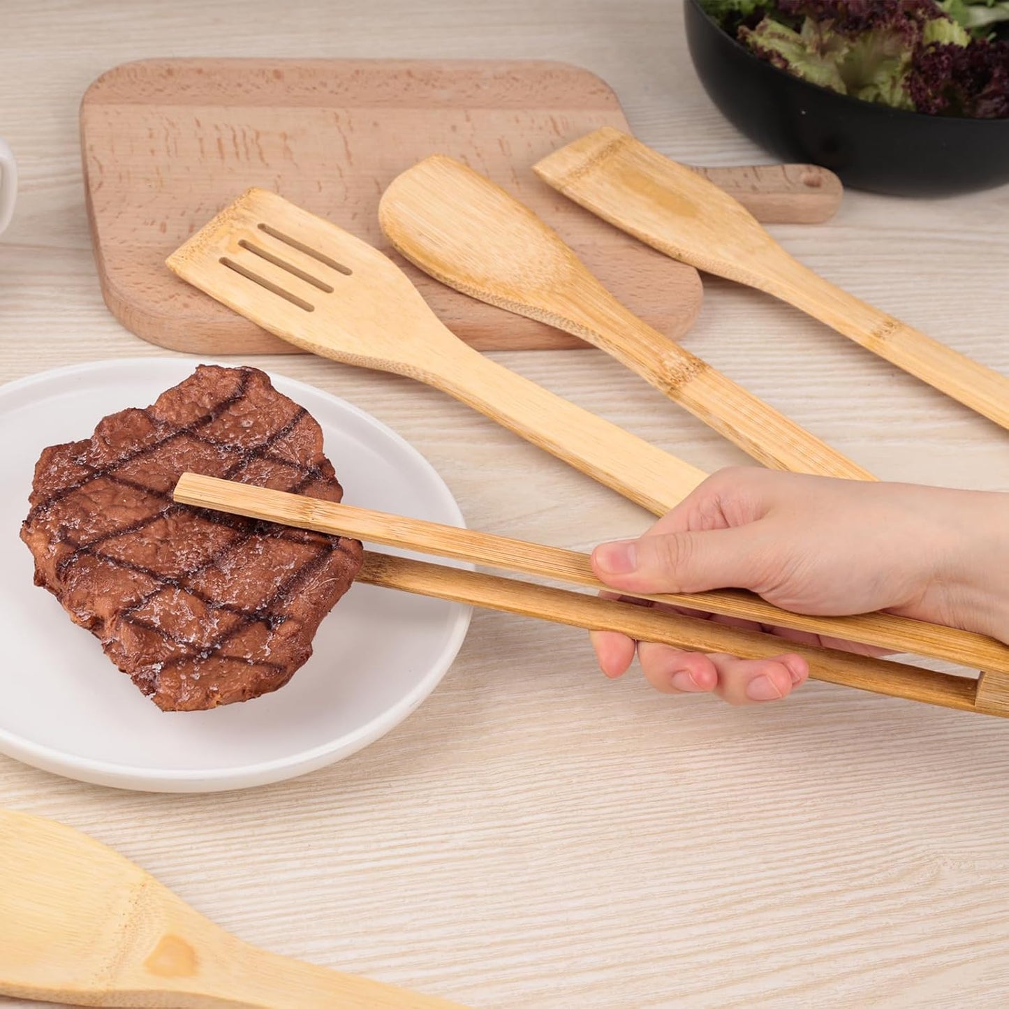 Wooden Utensils Set for Cooking, 7PCS Bamboo Kitchen Utensils Spatulas Spoons Tong for Stirring Serving Mixing Tossing Tasting