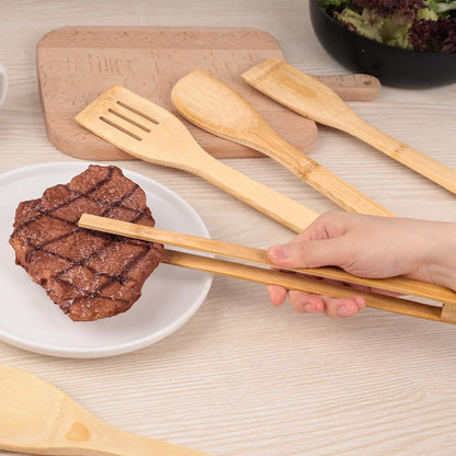 Wooden Utensils Set for Cooking, 7PCS Bamboo Kitchen Utensils Spatulas Spoons Tong for Stirring Serving Mixing Tossing Tasting