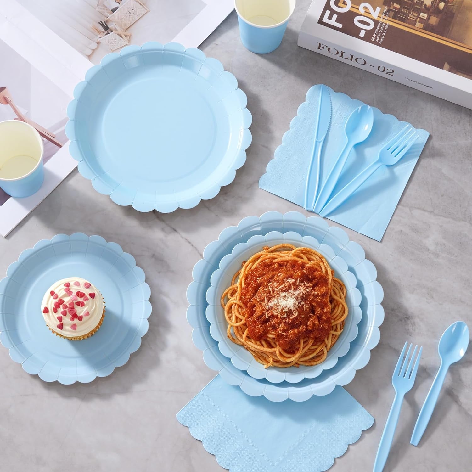 Light Blue Paper Plates Set, 175 PCS Party Supplies, Disposable Dinnerware Set for 25 Guests, Light Blue Paper Plates Napkins Cups Blue Plastic Forks Knives Spoons for Wedding Festivals
