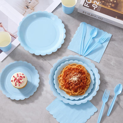 Light Blue Paper Plates Set, 175 PCS Party Supplies, Disposable Dinnerware Set for 25 Guests, Light Blue Paper Plates Napkins Cups Blue Plastic Forks Knives Spoons for Wedding Festivals