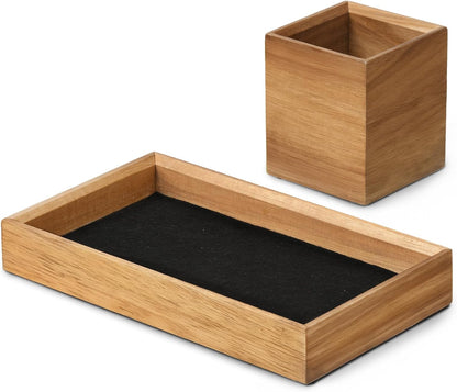 Wooden Desk Organizer Tray with Pen Holder, Non-Slip Desk Tray and Pencil Holder Set with Felt Lined, Desktop Accessories for Home Office Workspace Organization