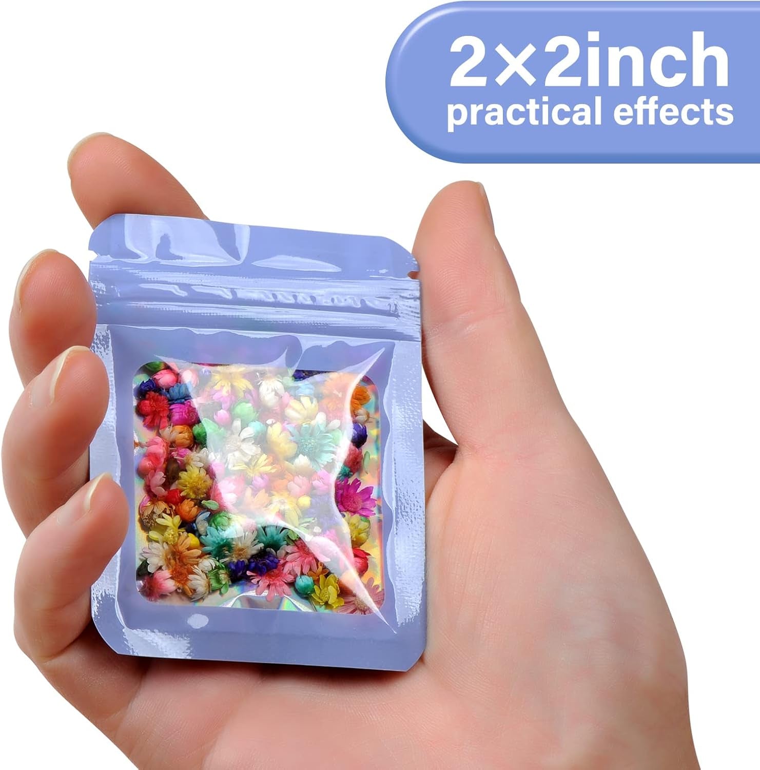 100-Pack 2×2 Inch Mylar Bags with Clear Window Holographic Resealable Sealable Packaging Zip Bag for Small Bussiness Jewelry Candy Sample Food Packing Supplies （Purple）