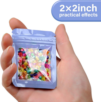 100-Pack 2×2 Inch Mylar Bags with Clear Window Holographic Resealable Sealable Packaging Zip Bag for Small Bussiness Jewelry Candy Sample Food Packing Supplies （Purple）