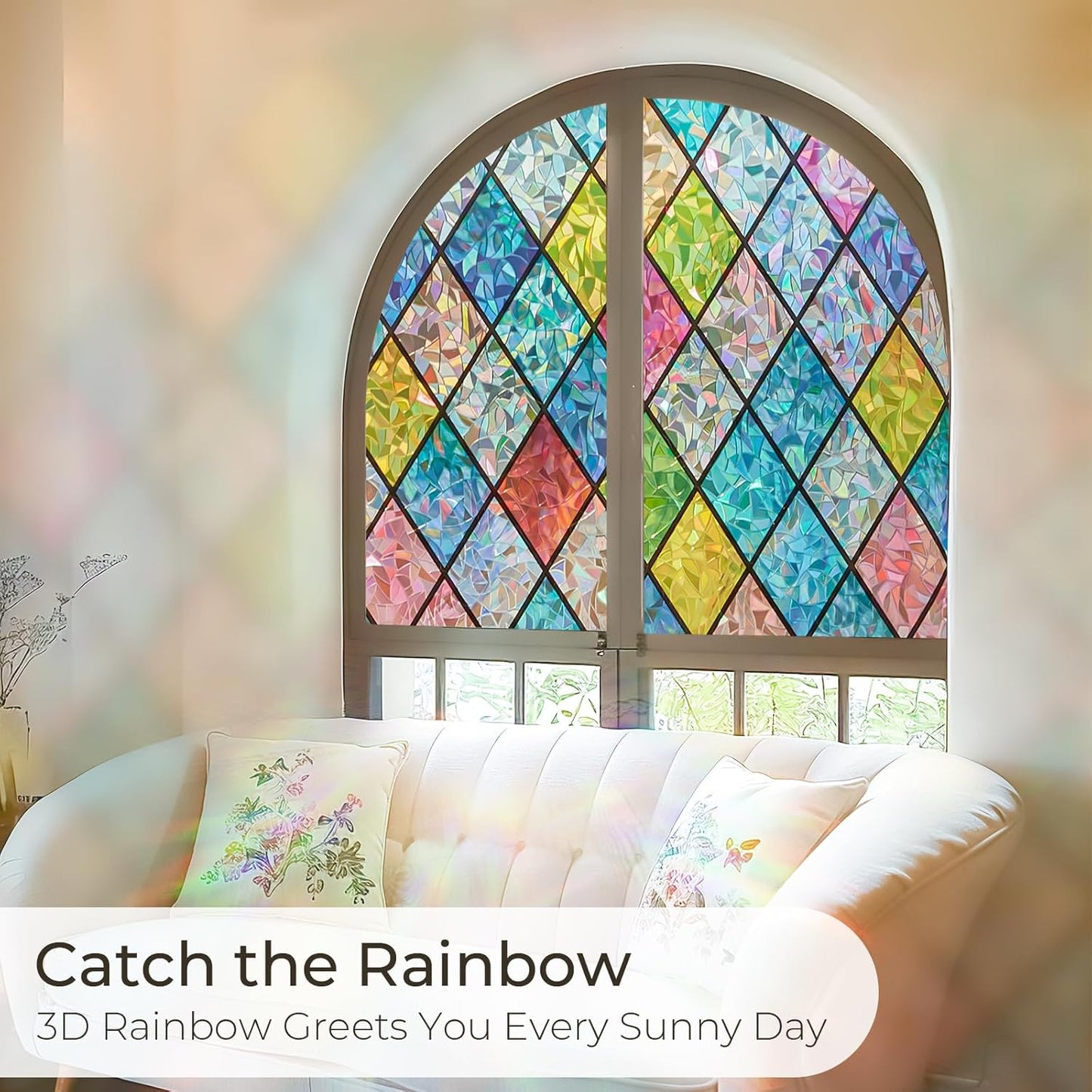 Window Privacy Film Stained Glass, Rainbow Window Film Decorative for Bathroom, Peel and Stick Window Cling Removable(Lattice,17.7 X 78.7 Inches)