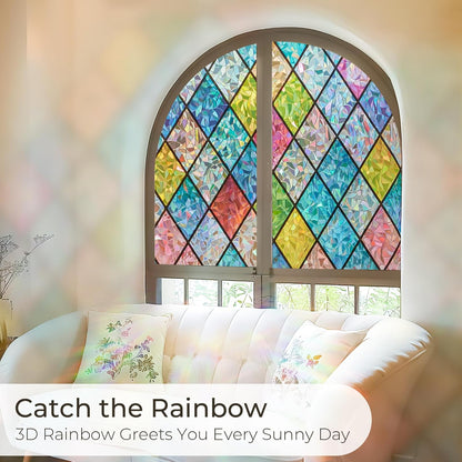 Window Privacy Film Stained Glass, Rainbow Window Film Decorative for Bathroom, Peel and Stick Window Cling Removable(Lattice,17.7 X 78.7 Inches)