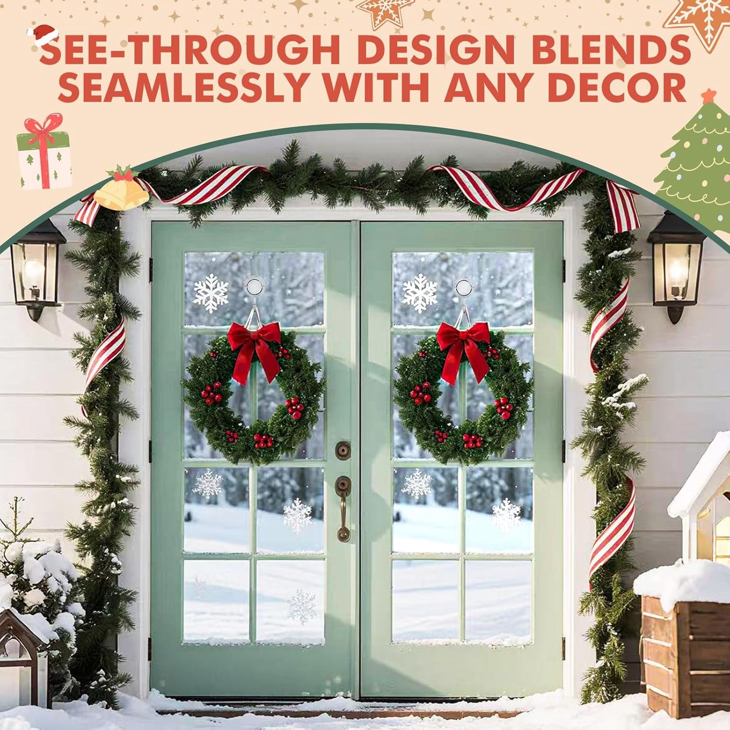 Wreath Hanger, Large Twist Lock Suction Cup Wreath Hooks, Heavy Duty, 22 LB Capacity, Removable and Reusable, Round, Clear, 2 Pcs