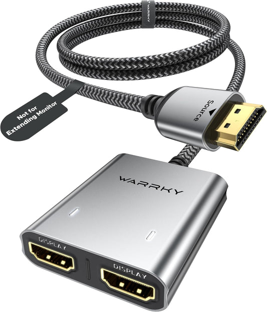 HDMI Splitter 4K, Display Mirror Same Screen Only (Not Extend Screen), HDMI Splitter 1 in 2 Out [USB-C Powered, Metal Shell, 3.3 Ft Braided Cable], 1X2 for Dual Monitors, Grey-4K UHD