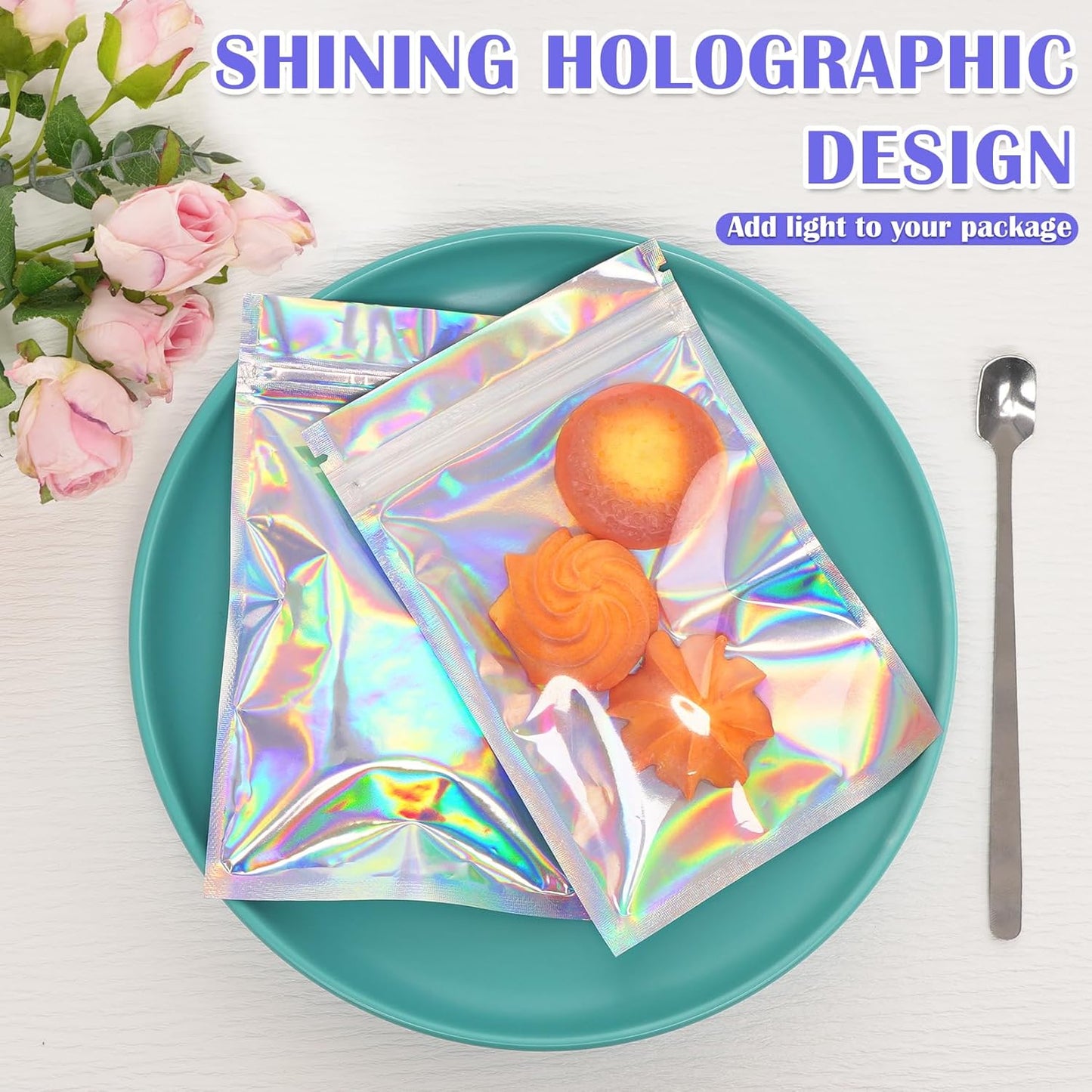 100 Pcs Resealable Mylar Bags, Smell Proof Goodie Bags with Clear Window, Small Holographic Bags for Halloween, Gift, Candy, Bracelet, Keychain, Treat, Product, Sealable Plastic Bags