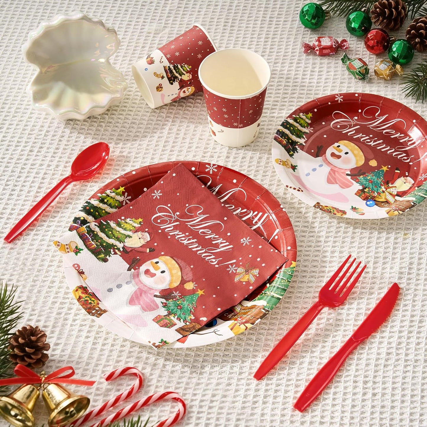 Christmas Paper Plates Set, 350 PCS Santa Gifts and Snowman Party Supplies, Disposable Dinnerware Set for 50 Guests, Paper Plates Napkins Cups for Christmas Eve